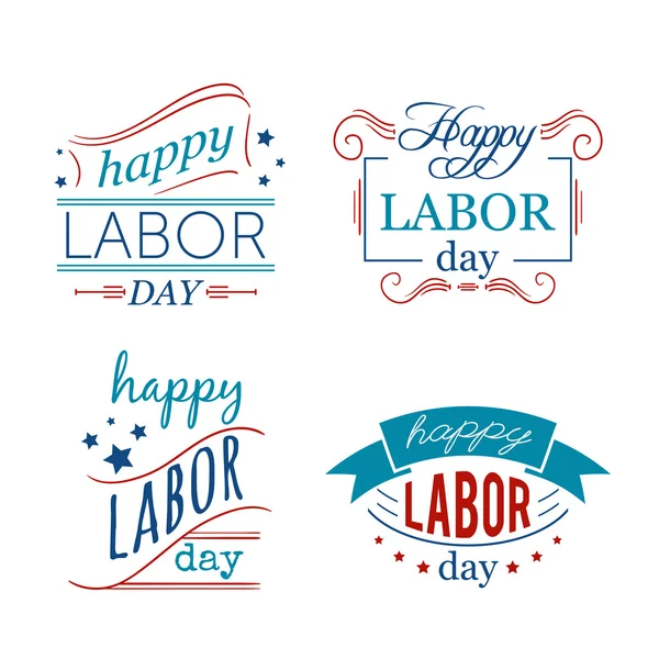 Buon Labor day. Set di distintivi ed etichette. Progettazione di concept tipografici per t-shirt, stampa, card. Illustrazione vettoriale — Vettoriale Stock