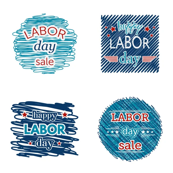 Feliz venta del día del trabajo. Conjunto de insignias y etiquetas sobre fondo de garabato. Diseño de concepto de tipografía para promoción, publicidad, impresión, volante, tarjeta, camiseta. Ilustración vectorial — Vector de stock