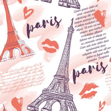 Paris. Eyfel Kulesi, öpücükler, kalpler ve suluboya sıçramaları ile Vintage dikişsiz desen. Retro el çizilmiş vektör illüstrasyon.