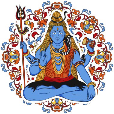 Süslü mandala arka plan üzerinde Hint tanrısı Shiva. T-shirt, baskı, poster, kart için konsept tasarım. Vintage el çizilmiş vektör illüstrasyon