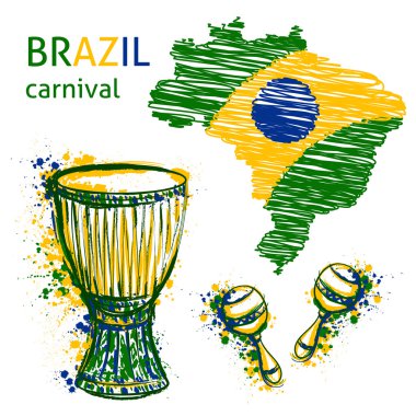 Brazil carnival symbols. Drums tam tam, maracas and brazil map with brazil flag colors. Design concept for banner, card, t-shirt, print, poster. Vector illustration clipart