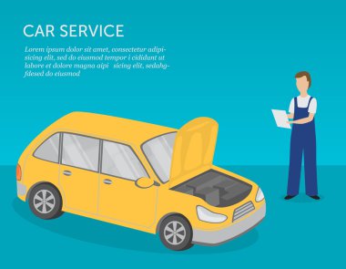 Araba servis afişi. Asker ve araba. Araba tamiri, teşhis ve bakım. İzometrik görünüm. Vektör çizimi