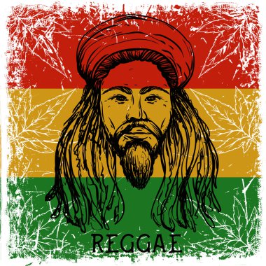 Grunge arka plan ve esrar yaprakları rastaman portresi. Jamaika teması. Reggae konsept tasarımı. Dövme sanatı. Retro afiş, kart, t-shirt, çanta, baskı, poster. Elle çizilmiş vektör illüstrasyonu