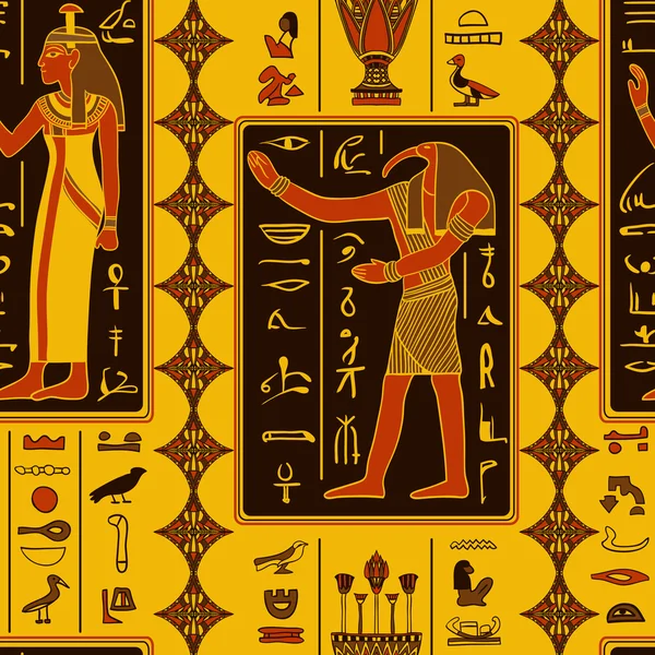 Modello senza soluzione di continuità con divinità egizie e antichi geroglifici egizi. Illustrazione vettoriale disegnata a mano retrò — Vettoriale Stock