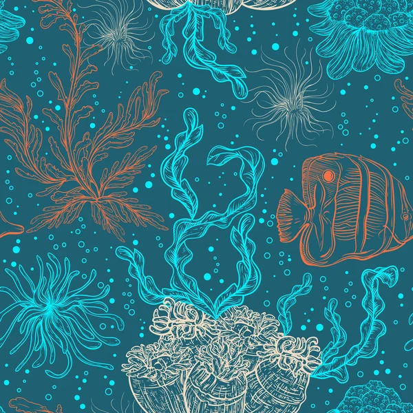 Modèle sans couture avec des plantes marines, des feuilles, des algues et des poissons tropicaux. Faune et flore marines dessinées à la main. Illustration vectorielle  . — Image vectorielle