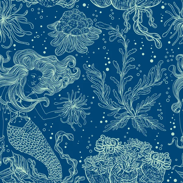 Sirene, piante marine, coralli e alghe. Vintage modello senza soluzione di continuità con flora marina disegnata a mano. Illustrazione vettoriale in linea art style.Design per la spiaggia estiva, decorazioni. — Vettoriale Stock