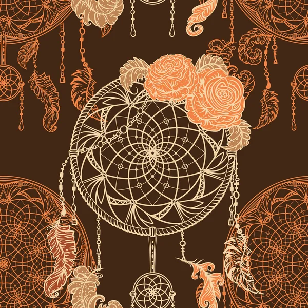 Seamless pattern with dream catcher, roses, leaves and feathers. Colorful hand drawn vector illustration in boho style. Design concept for retro banner, card, scrap booking, t-shirt, print, poster. — Stock Vector