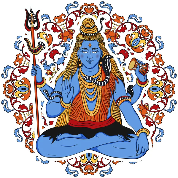 Dios indio Shiva sobre fondo de mandala ornamentado. Diseño conceptual para camiseta, estampado, póster, tarjeta. Vintage ilustración vectorial dibujado a mano — Vector de stock