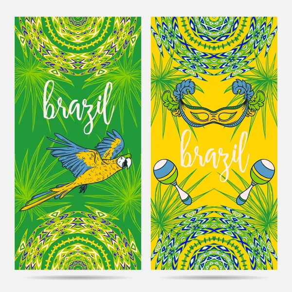 Conjunto de símbolos Brasil. Concepto de diseño para tarjeta de felicitación, banner, invitación para fiesta brasileña. Ilustración vectorial — Archivo Imágenes Vectoriales