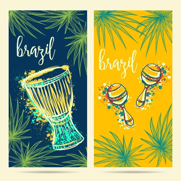 Brasil símbolos de carnaval. Tambor tam tam, maracas y hojas de palma. Concepto de diseño para tarjeta de felicitación, banner, invitación para fiesta brasileña. Ilustración vectorial — Archivo Imágenes Vectoriales