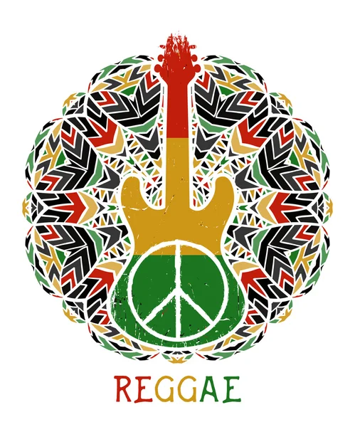 Символ мира и гитара на декоративном фоне мандалы. Тема Ямайки. Концепция дизайна в регги цвета для баннера, открытки, футболки, сумки, печати, плаката. Векторная иллюстрация — стоковый вектор