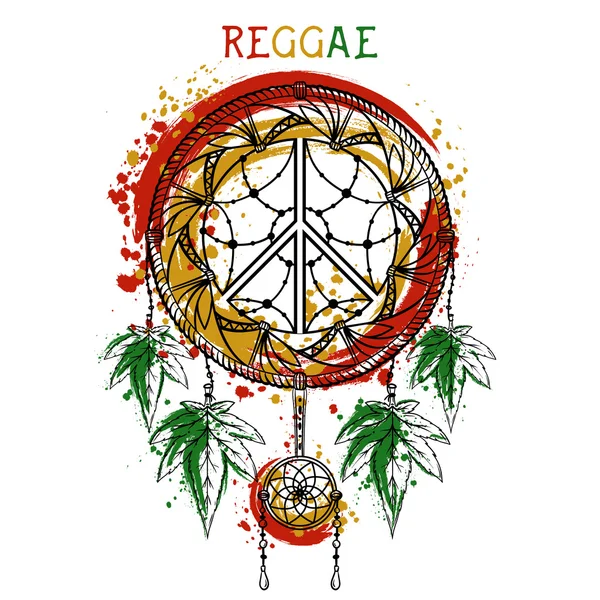 Dromenvanger met cannabis bladeren en symbool van de vrede. Jamaica thema. Design concept in reggae kleuren voor banner, kaart, t-shirt, tas, print, poster. Vector illustratie — Stockvector