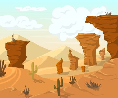 Kaktüsler ve dağlar, çöl yatay. Vektör çizim karikatür tarzı