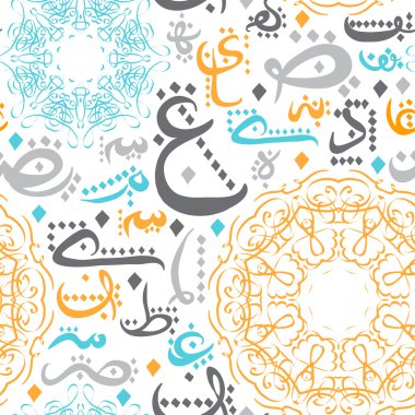 Arapça hat ve süslü mandala ile Seamless modeli. Konsept tasarımı için Müslüman topluluk Festivali Eid Al Fitr(Eid Mubarak) (çeviri: Tanrı'ya şükür). Vektör çizim