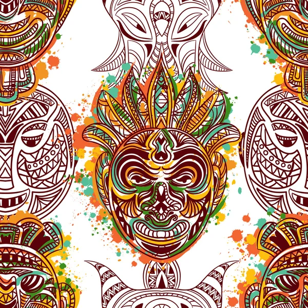 Seamless pattern with african tribal mask with ethnic geometric ornament and splashes in watercolor style. Hand drawn vector illustration — Stock Vector