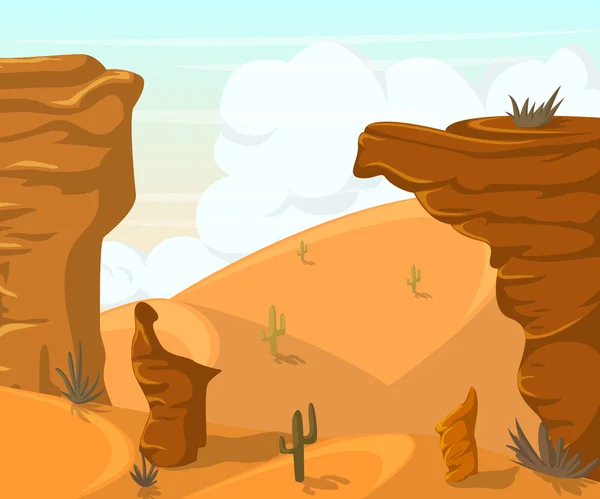 仙人掌与山脉的沙漠景观。卡通风格的矢量图 — 图库矢量图片