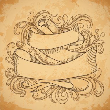 Vintage şerit üzerinde yaşlı kağıt arka plan Barok tarzında dekoratif elemanları ile. Vektör çizim Retro el çekilmiş