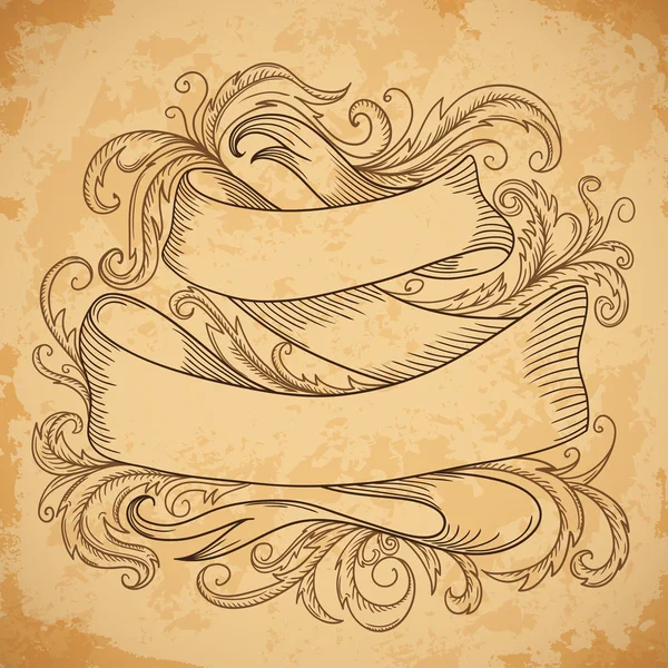 Vintage ribbon with decorative elements in baroque style on aged paper background. Retro hand drawn vector illustration — Stock Vector