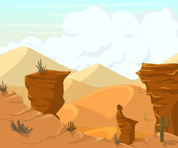 Pouštní krajinu s kaktusy a hory. Vektorové ilustrace v karikatuře stylu — Stockový vektor