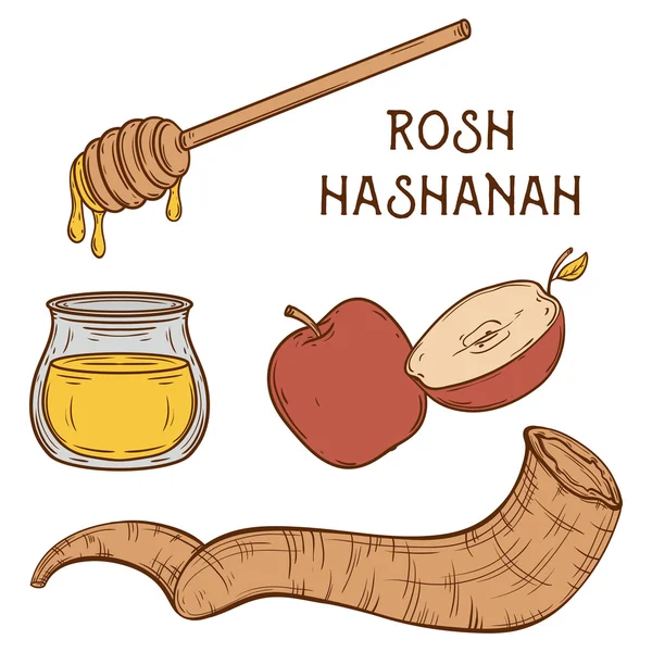 Traditional symbols of Rosh Hashanah (jewish New Year holiday). Honey, ram horn Shofar and apple on aged paper background. Concept design for Shana Tova greeting card. Vintage vector illustration — Stock Vector