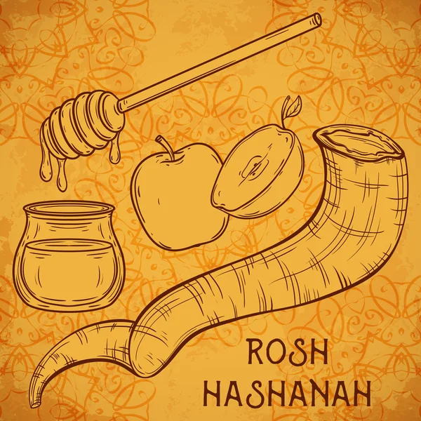 Symboles traditionnels de Rosh Hashanah (fête juive du Nouvel An). Chérie, corne de bélier Shofar et pomme sur papier vieilli. Concept design pour la carte de vœux Shana Tova. Illustration vectorielle vintage — Image vectorielle