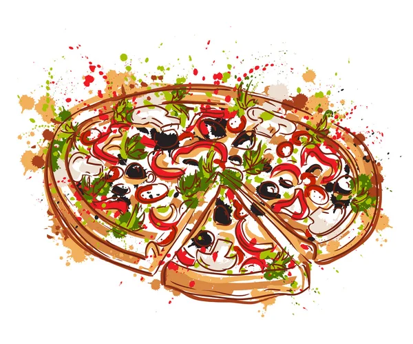 Pizza italiana con salpicaduras en estilo acuarela. Ilustración vectorial dibujada a mano — Vector de stock