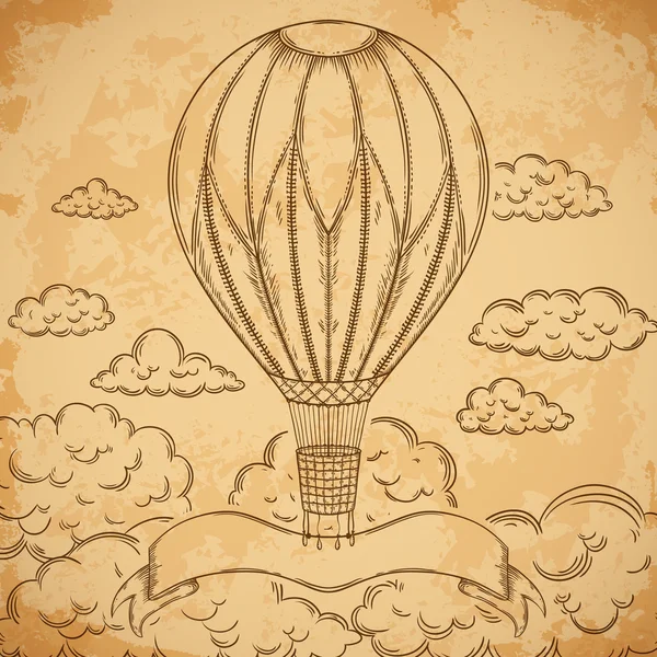 Dirigible vintage con cinta y nubes sobre fondo de papel envejecido. Dibujos animados steampunk estilo dirigible volador. Retro vector ilustración dibujada a mano . — Vector de stock