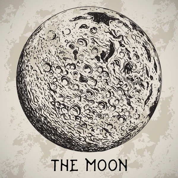 Planète pleine lune avec cratères lunaires sur fond de grunge. Illustration vectorielle vintage dessinée à la main — Image vectorielle