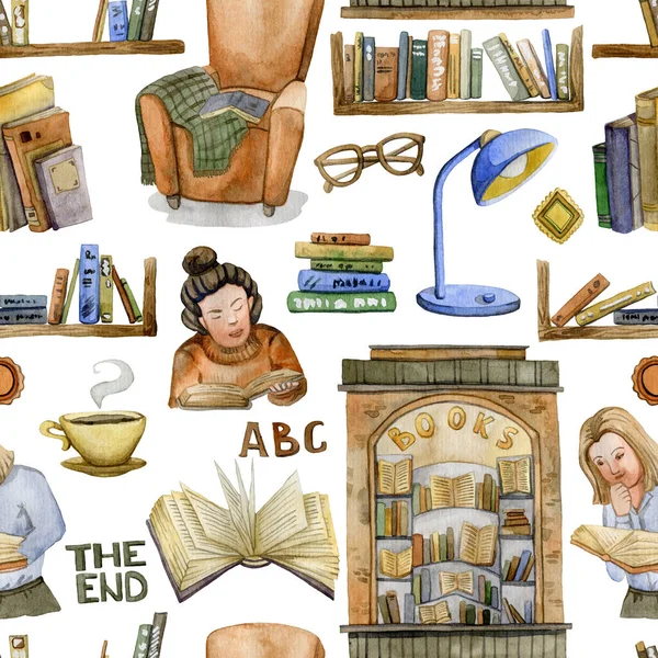 Books. Book shelves, reading people, book store, armchair with plaid, swirls, lamp, glasses. Collection design elements on white background. Watercolor illustration