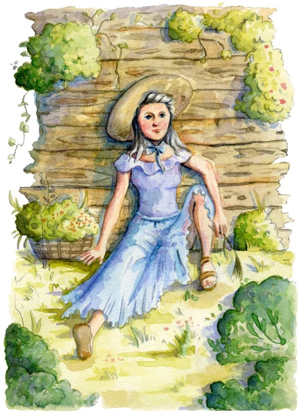 帽子の女の子は木製の壁の近くの夏の庭の牧草地に座っています 水彩画 — ストック写真