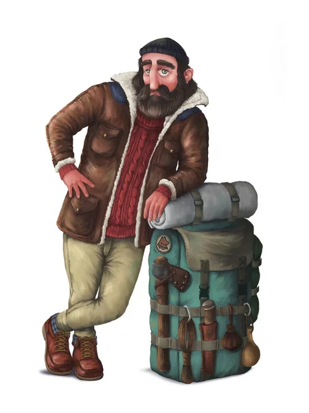 Viajero Hombre Brutal Con Kit Supervivencia Mochila Divertido Diseño Personajes — Foto de Stock
