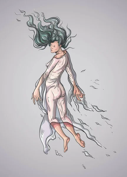 Chica Fantasma Con Pelo Rizado Levita Aire Concepto Ligereza Ligereza — Vector de stock