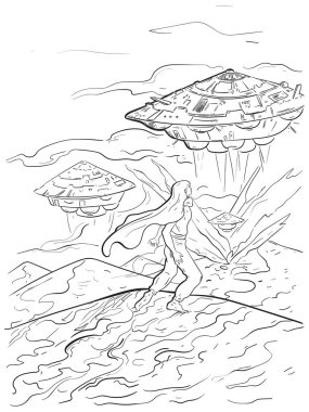 Çöldeki uzay gemilerinin düşman saldırısı. Vektör illüstrasyonu