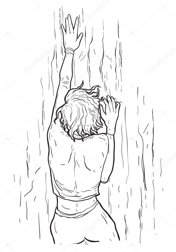 Girl climbs the rock and falls down. Vector illustration