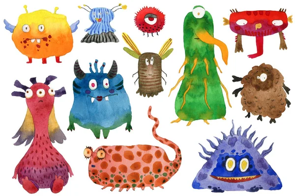 Monstres Mignons Ensemble Personnages Dessins Animés Aquarelle Objets Isolés Sur — Photo