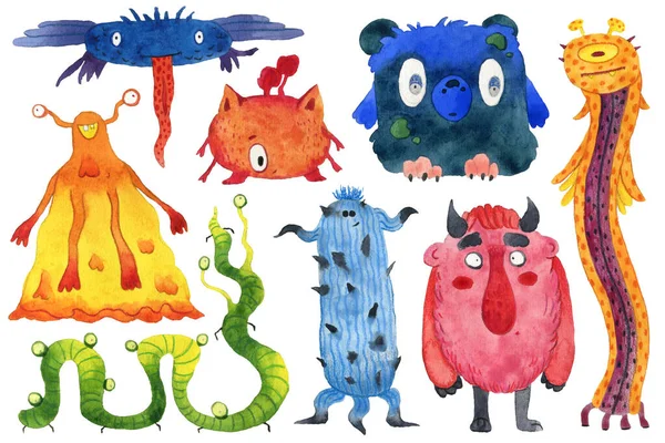 Monstres Mignons Ensemble Personnages Dessins Animés Aquarelle Objets Isolés Sur — Photo