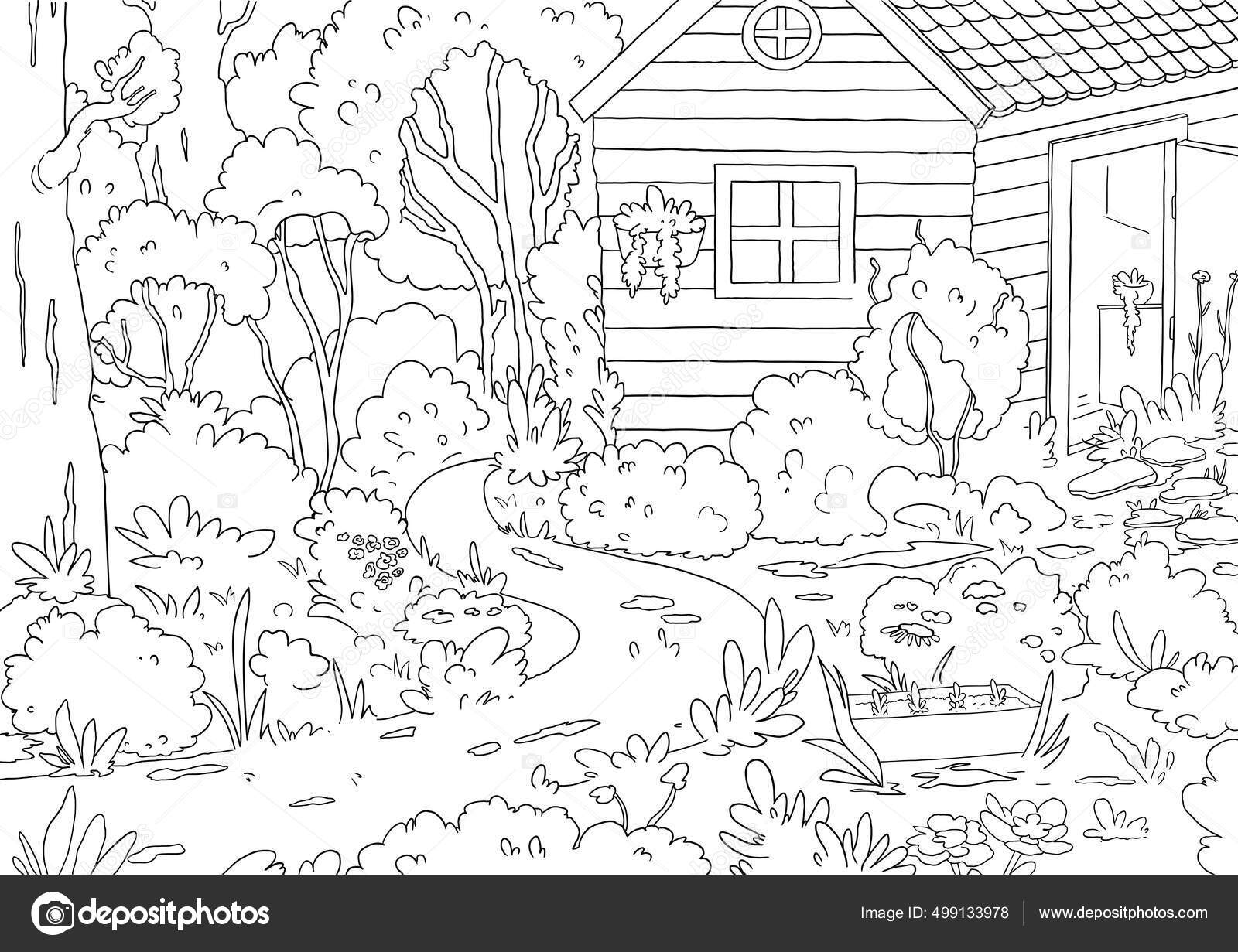 Landscape Garden Trees Flowers Garden House Path Black White Cartoon Stock  Vector Image by ©kateja #499133978