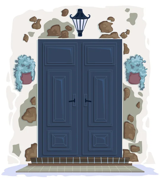 Puerta Principal Con Porche Piedras Farol Plantas Macetas Dibujos Animados — Vector de stock