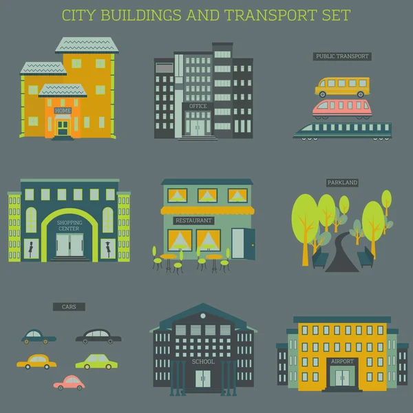 Stad gebouwen en transportset — Stockvector