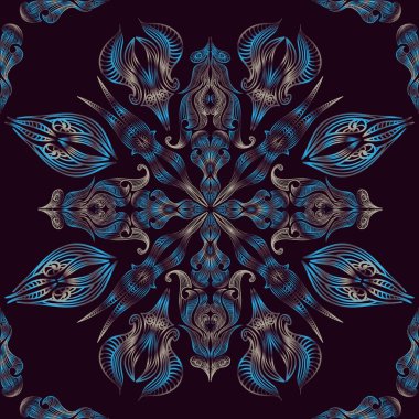 Mavi sorunsuz oryantal çiçek dantel desen tavus kuşu tüyü