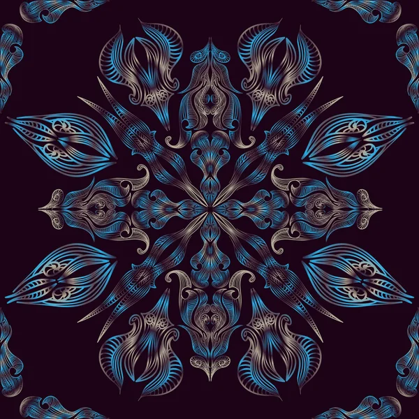 Azul sin costuras oriental patrón de encaje floral plumas de pavo real — Vector de stock