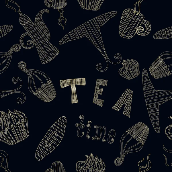 Vintage vecteur sans couture motif thé éléments de temps collection avec gâteau, tasse, théière — Image vectorielle