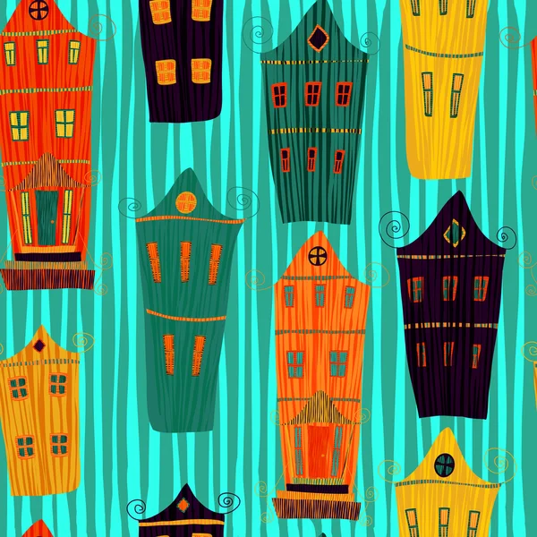 Cute seamless pattern with cartoon happy village houses.Retro home background pattern in vector