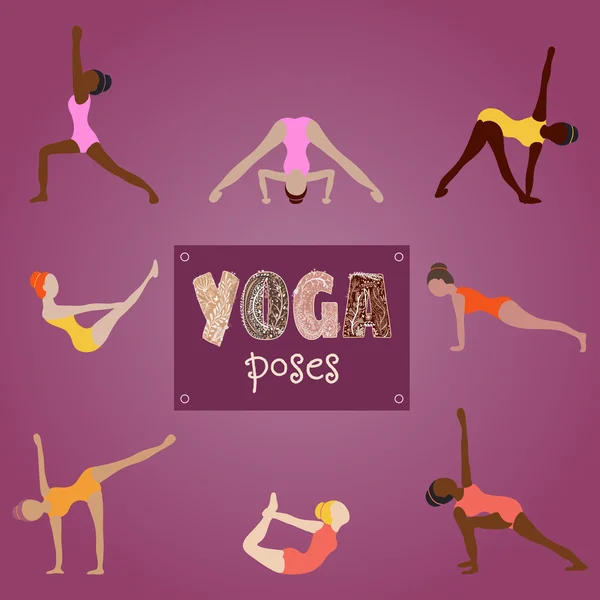 Hand tekenen teken vrouw beoefenen van yoga voor design. Vrouwelijke silhouet van yoga vormt set. Vectorillustratie. — Stockvector