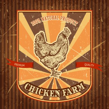 Organik tavuk çiftliği tavuk grunge arka plan üzerinde vintage etiketle. Retro el çizilmiş vektör çizim poster kroki tarzı