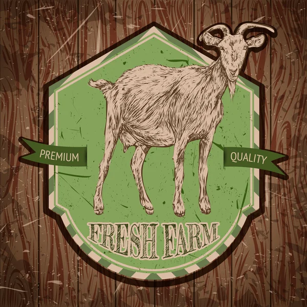 Cartel vintage granja orgánica con cabra en la textura de fondo de tablas de madera. Ilustración vectorial dibujada a mano retro en estilo sketch — Vector de stock