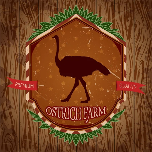 Organic farm vintage label with ostrich on the background texture of wooden boards. Retro hand drawn vector illustration in sketch style — Stock Vector