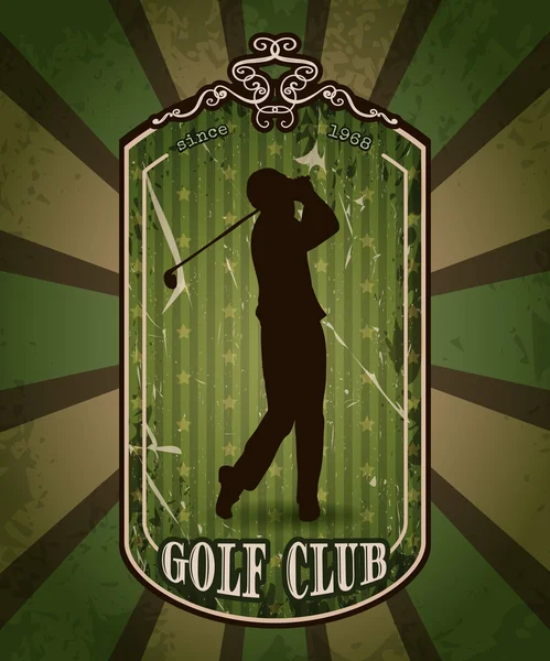 Poster vintage com homem jogando golfe. Retro mão desenhado vetor ilustração "golf club" no estilo esboço com fundo grunge — Vetor de Stock