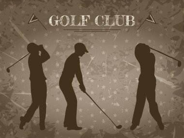 VINTAGE poster ile siluetleri adam golf oynuyor. Retro kroki tarzı grunge arka plan illüstrasyon 