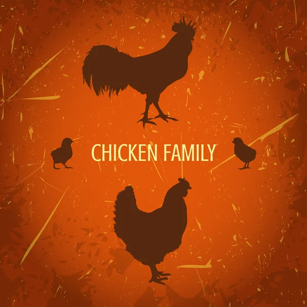 Organic farm vintage poster with silhouettes family chicken: cock, hen with chickens. — Stock Vector